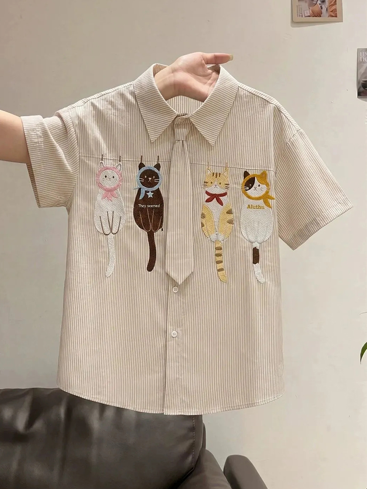Embroidery On Shirt - Camicia con Cravatta Cartoon per Donne,