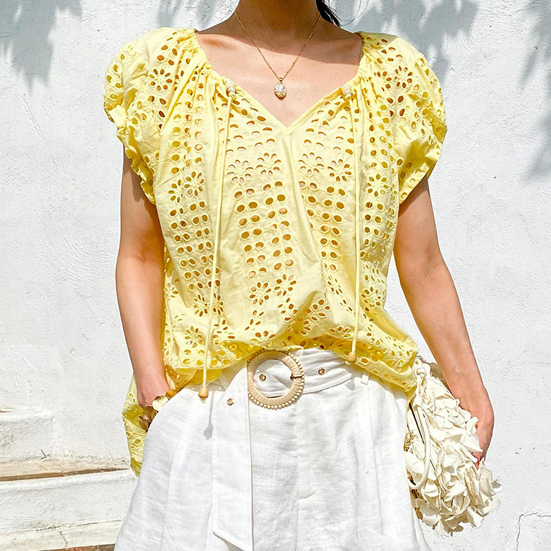 Embroidery Yellow - Camicia camicetta elegante stile francese gialla