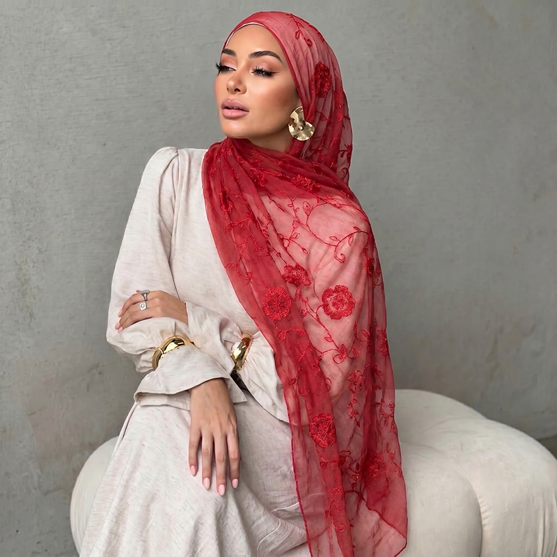 Embroidery Print - Hijab Musulmano con Ricamo Floreale, Sciarpa
